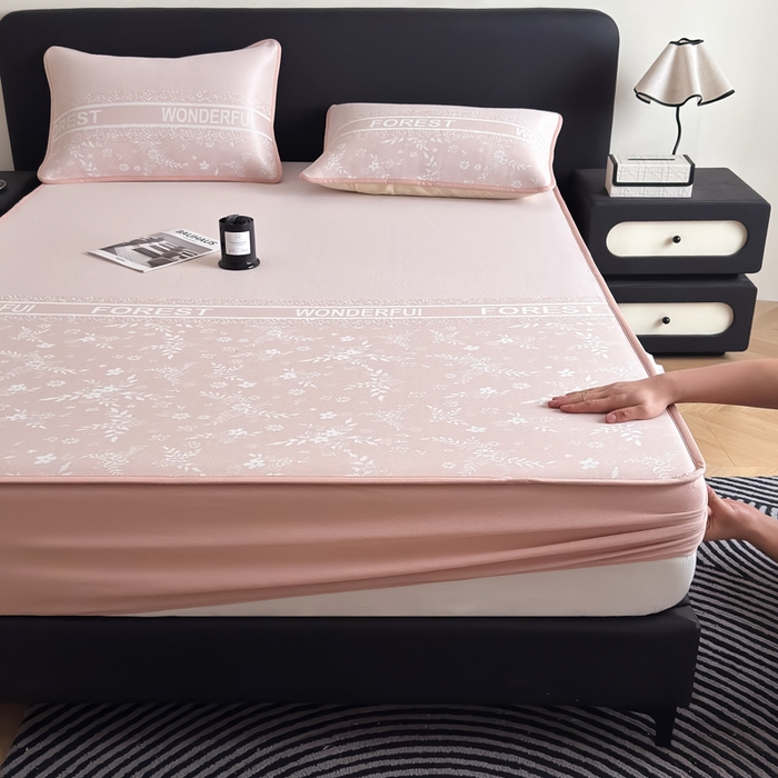 九花鹿 2025新款A类PE凉感提花床笠款冰丝凉席软凉席可机洗可水洗 花梦（浅粉）