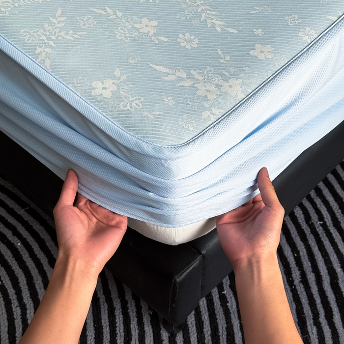 91家纺网 家纺一手货源 找家纺 九花鹿 2025新款A类PE凉感提花床笠款冰丝凉席软凉席可机洗可水洗 花梦（天空蓝）