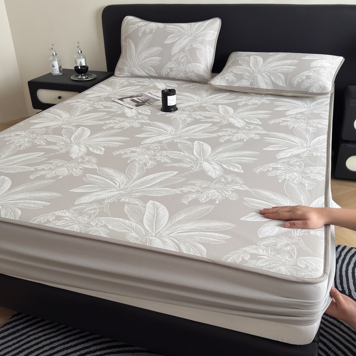 91家纺网 家纺一手货源 找家纺 九花鹿 2025新款A类PE凉感提花床笠款冰丝凉席软凉席可机洗可水洗 盆栽（米灰）