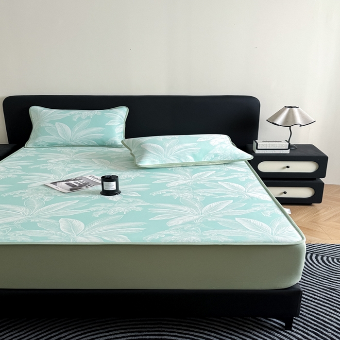 91家纺网 家纺一手货源 找家纺 九花鹿 2025新款A类PE凉感提花床笠款冰丝凉席软凉席可机洗可水洗 盆栽（青绿）