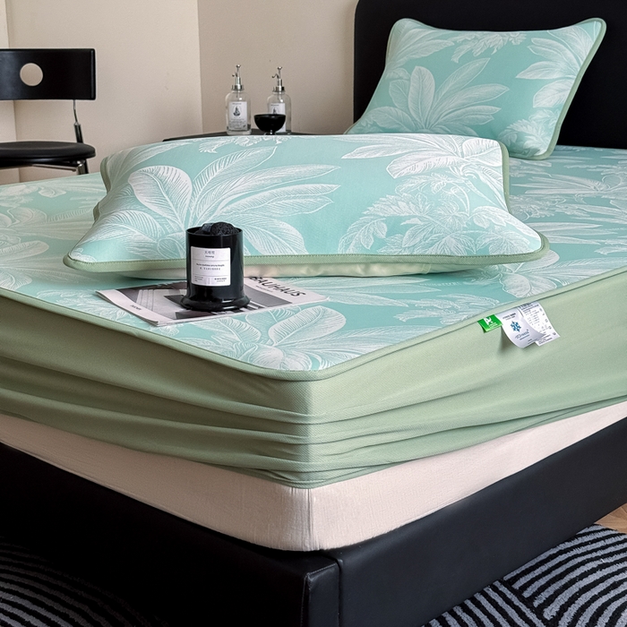 91家纺网 家纺一手货源 找家纺 九花鹿 2025新款A类PE凉感提花床笠款冰丝凉席软凉席可机洗可水洗 盆栽（青绿）