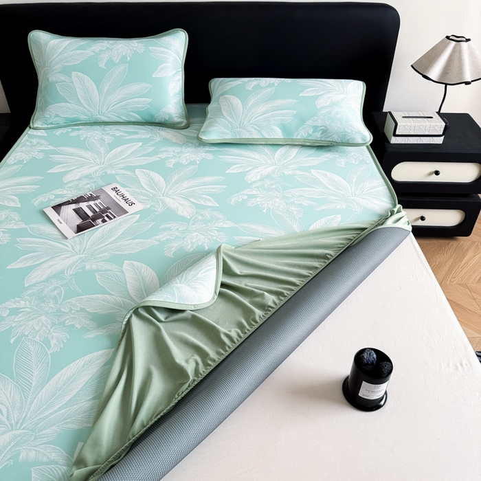 91家纺网 家纺一手货源 找家纺 九花鹿 2025新款A类PE凉感提花床笠款冰丝凉席软凉席可机洗可水洗 盆栽（青绿）