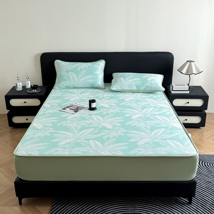 91家纺网 家纺一手货源 找家纺 九花鹿 2025新款A类PE凉感提花床笠款冰丝凉席软凉席可机洗可水洗 盆栽（青绿）