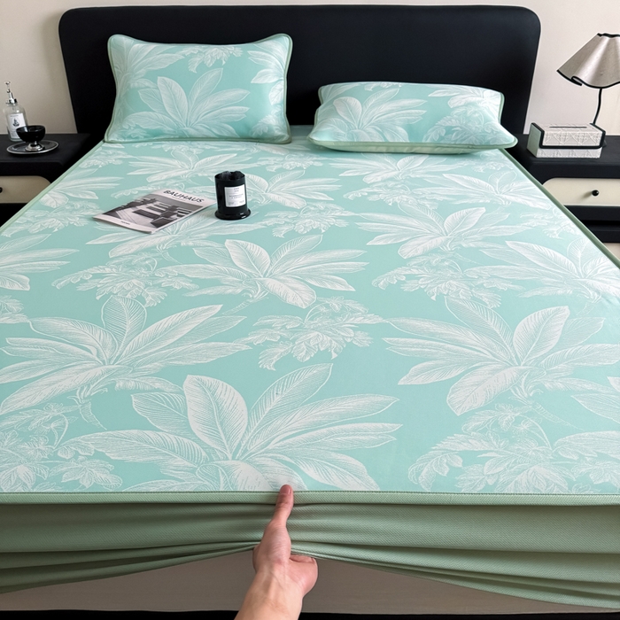 91家纺网 家纺一手货源 找家纺 九花鹿 2025新款A类PE凉感提花床笠款冰丝凉席软凉席可机洗可水洗 盆栽（青绿）