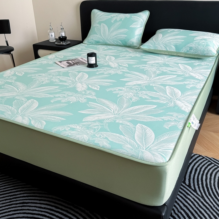 91家纺网 家纺一手货源 找家纺 九花鹿 2025新款A类PE凉感提花床笠款冰丝凉席软凉席可机洗可水洗 盆栽（青绿）