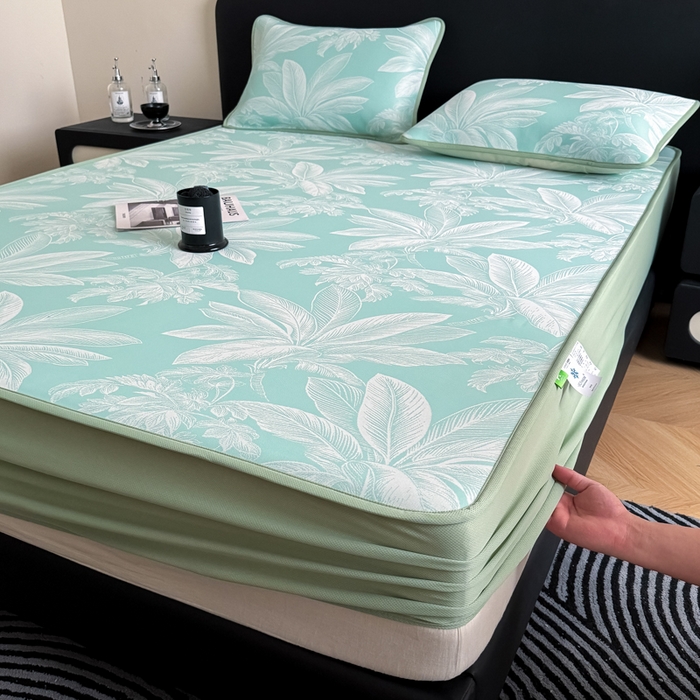 91家纺网 家纺一手货源 找家纺 九花鹿 2025新款A类PE凉感提花床笠款冰丝凉席软凉席可机洗可水洗 盆栽（青绿）