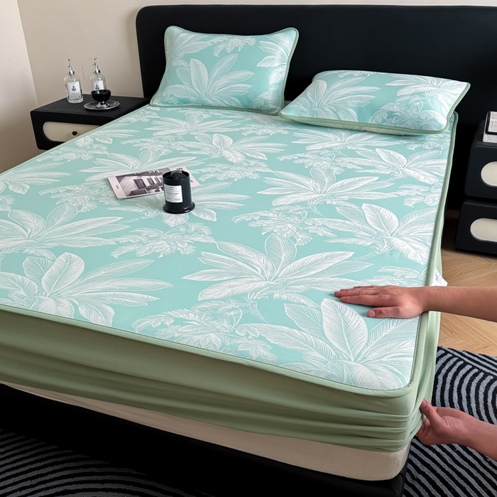 91家纺网 家纺一手货源 找家纺 九花鹿 2025新款A类PE凉感提花床笠款冰丝凉席软凉席可机洗可水洗 盆栽（青绿）