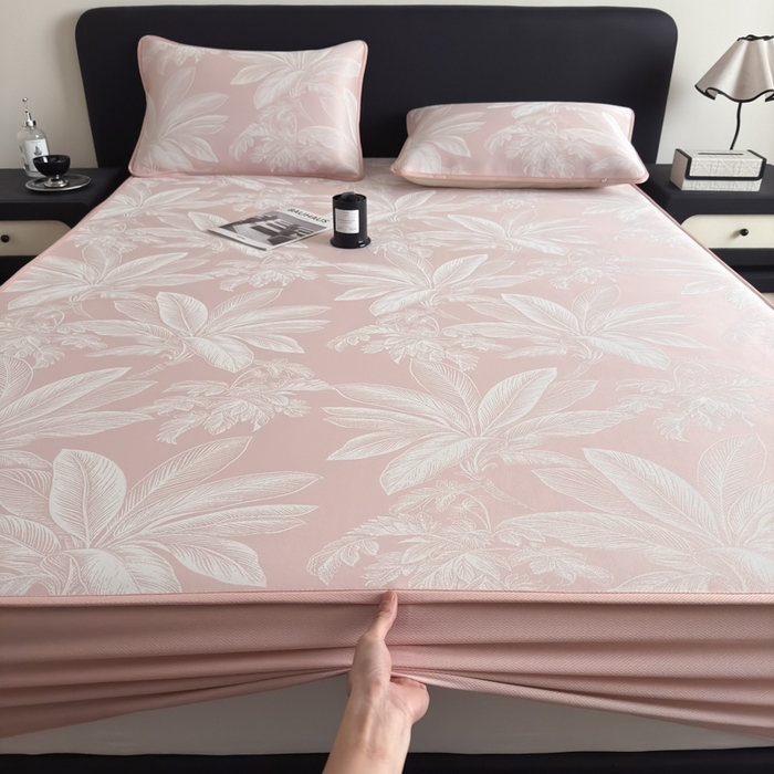 91家纺网 家纺一手货源 找家纺 九花鹿 2025新款A类PE凉感提花床笠款冰丝凉席软凉席可机洗可水洗 盆栽（樱花粉）