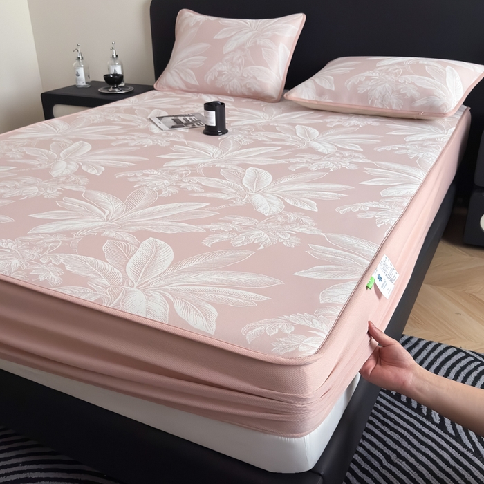 91家纺网 家纺一手货源 找家纺 九花鹿 2025新款A类PE凉感提花床笠款冰丝凉席软凉席可机洗可水洗 盆栽（樱花粉）