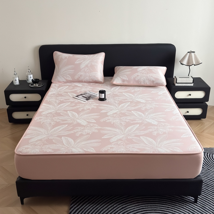 91家纺网 家纺一手货源 找家纺 九花鹿 2025新款A类PE凉感提花床笠款冰丝凉席软凉席可机洗可水洗 盆栽（樱花粉）