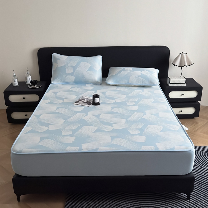 91家纺网 家纺一手货源 找家纺 九花鹿 2025新款A类PE凉感提花床笠款冰丝凉席软凉席可机洗可水洗 速写（天空蓝）