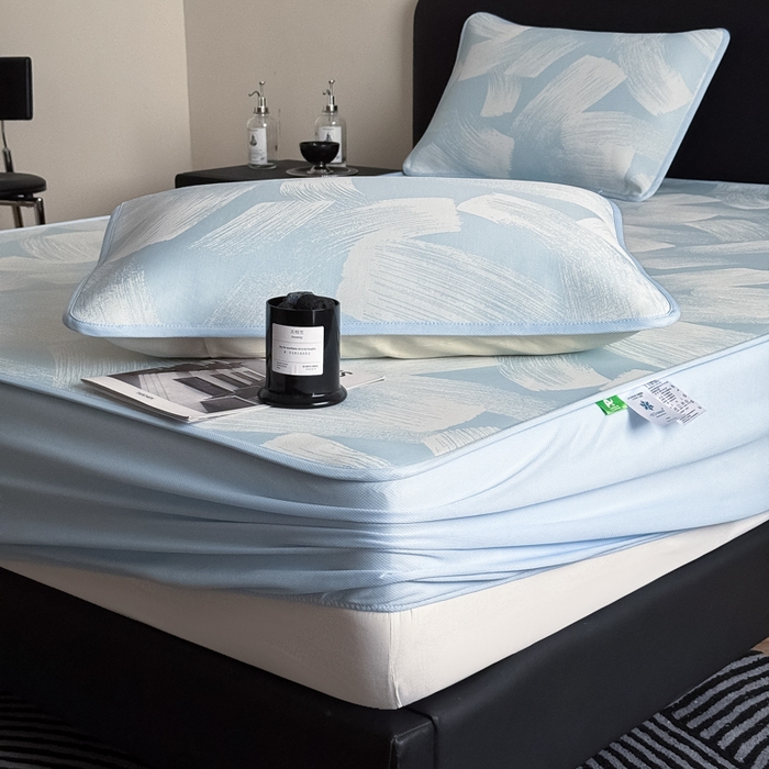 91家纺网 家纺一手货源 找家纺 九花鹿 2025新款A类PE凉感提花床笠款冰丝凉席软凉席可机洗可水洗 速写（天空蓝）