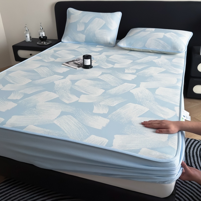 91家纺网 家纺一手货源 找家纺 九花鹿 2025新款A类PE凉感提花床笠款冰丝凉席软凉席可机洗可水洗 速写（天空蓝）