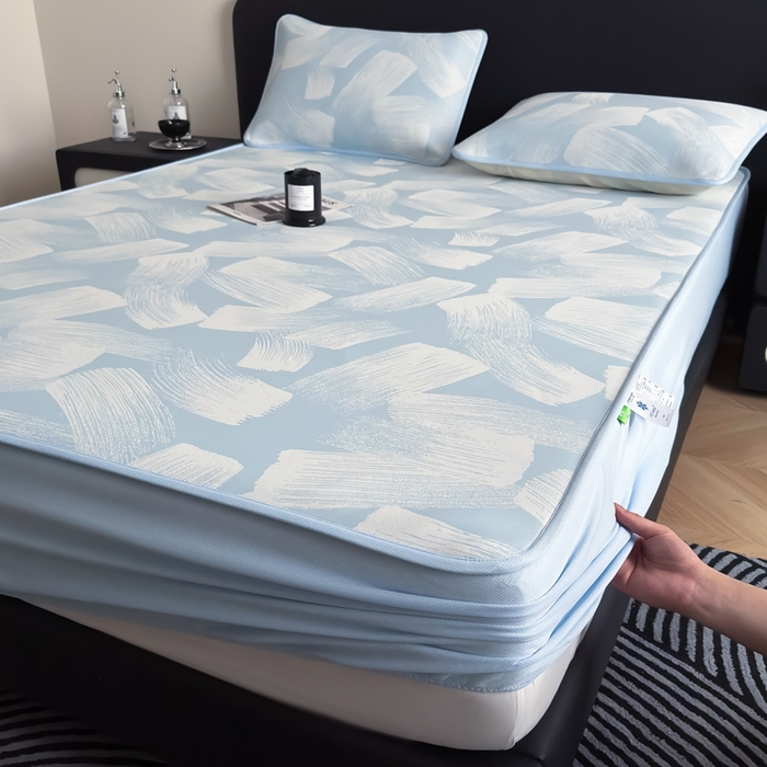 91家纺网 家纺一手货源 找家纺 九花鹿 2025新款A类PE凉感提花床笠款冰丝凉席软凉席可机洗可水洗 速写（天空蓝）