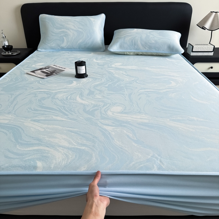 91家纺网 家纺一手货源 找家纺 九花鹿 2025新款A类PE凉感提花床笠款冰丝凉席软凉席可机洗可水洗 西里（天空蓝）