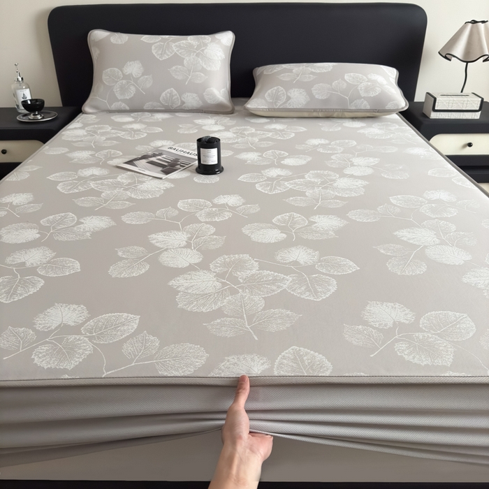 91家纺网 家纺一手货源 找家纺 九花鹿 2025新款A类PE凉感提花床笠款冰丝凉席软凉席可机洗可水洗 叶语（米灰）