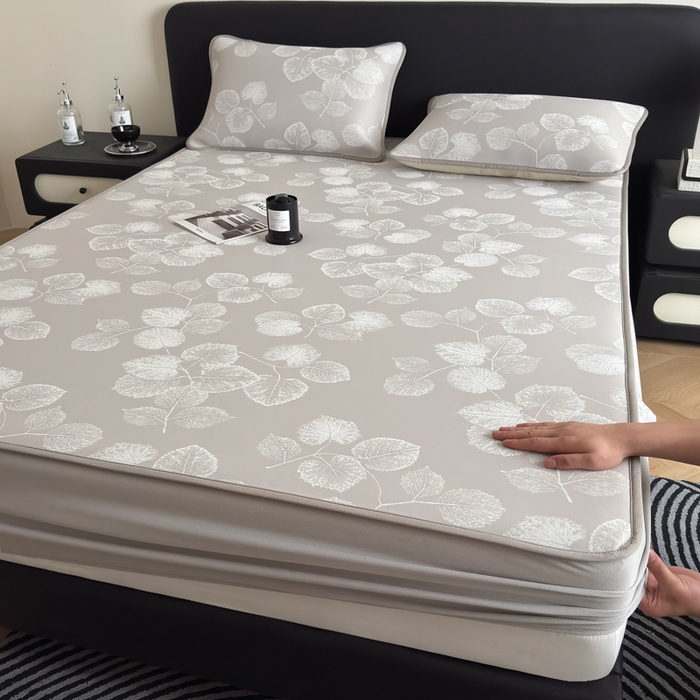 91家纺网 家纺一手货源 找家纺 九花鹿 2025新款A类PE凉感提花床笠款冰丝凉席软凉席可机洗可水洗 叶语（米灰）