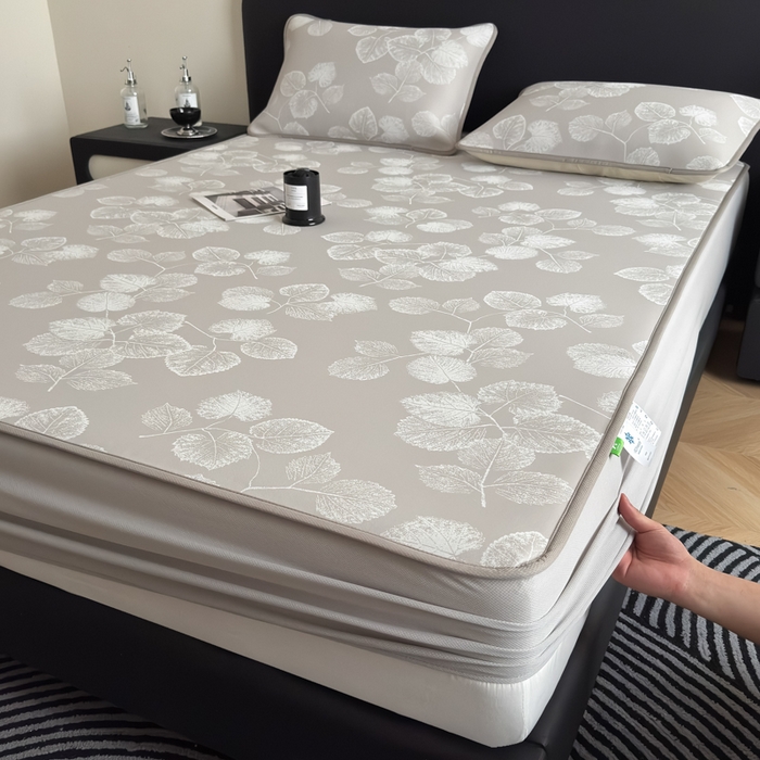 91家纺网 家纺一手货源 找家纺 九花鹿 2025新款A类PE凉感提花床笠款冰丝凉席软凉席可机洗可水洗 叶语（米灰）