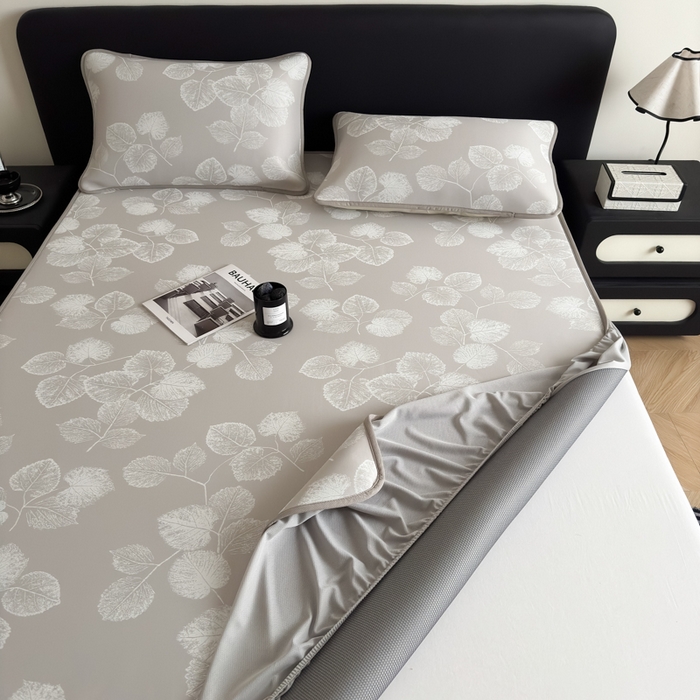 91家纺网 家纺一手货源 找家纺 九花鹿 2025新款A类PE凉感提花床笠款冰丝凉席软凉席可机洗可水洗 叶语（米灰）