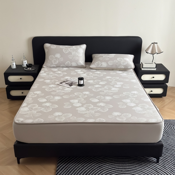 91家纺网 家纺一手货源 找家纺 九花鹿 2025新款A类PE凉感提花床笠款冰丝凉席软凉席可机洗可水洗 叶语（米灰）