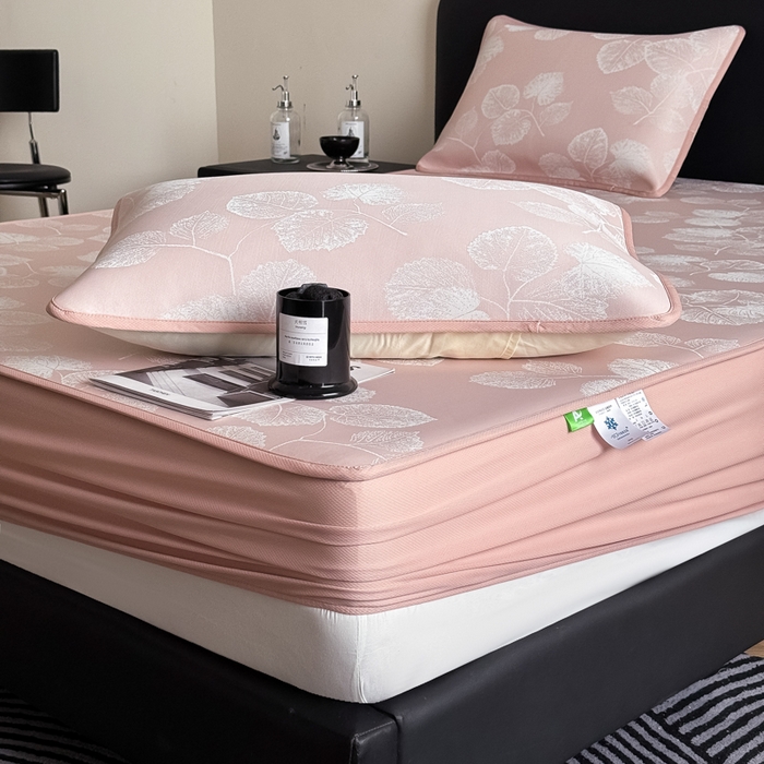 91家纺网 家纺一手货源 找家纺 九花鹿 2025新款A类PE凉感提花床笠款冰丝凉席软凉席可机洗可水洗 叶语（樱花粉）