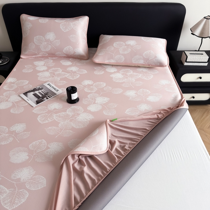 91家纺网 家纺一手货源 找家纺 九花鹿 2025新款A类PE凉感提花床笠款冰丝凉席软凉席可机洗可水洗 叶语（樱花粉）