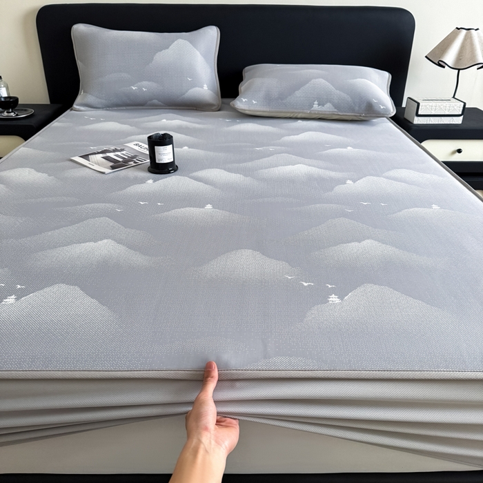 91家纺网 家纺一手货源 找家纺 九花鹿 2025新款A类PE凉感提花床笠款冰丝凉席软凉席可机洗可水洗 亦境（浅灰）