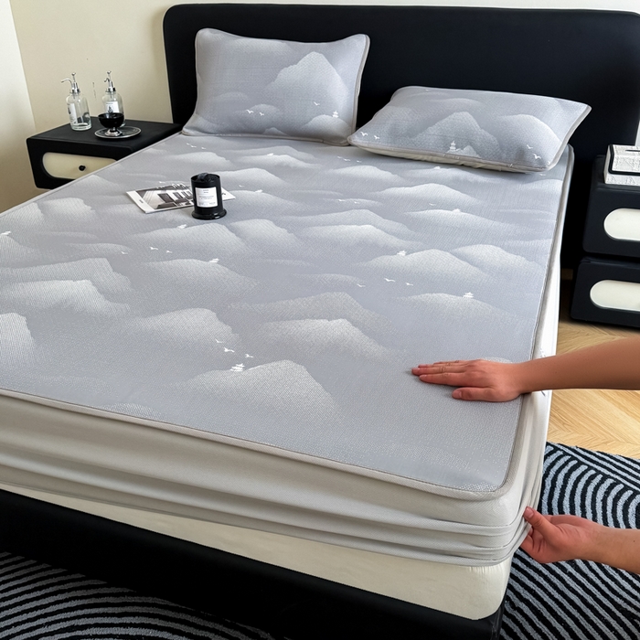 91家纺网 家纺一手货源 找家纺 九花鹿 2025新款A类PE凉感提花床笠款冰丝凉席软凉席可机洗可水洗 亦境（浅灰）