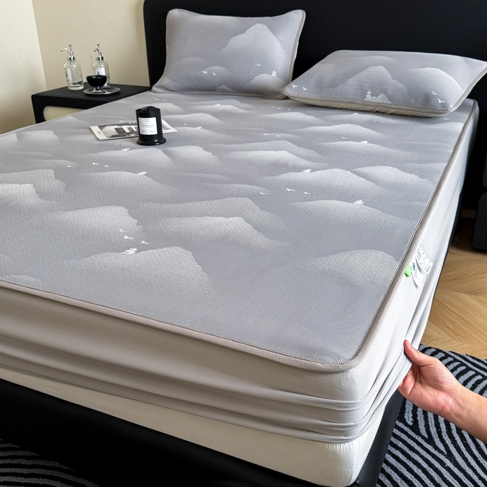 91家纺网 家纺一手货源 找家纺 九花鹿 2025新款A类PE凉感提花床笠款冰丝凉席软凉席可机洗可水洗 亦境（浅灰）