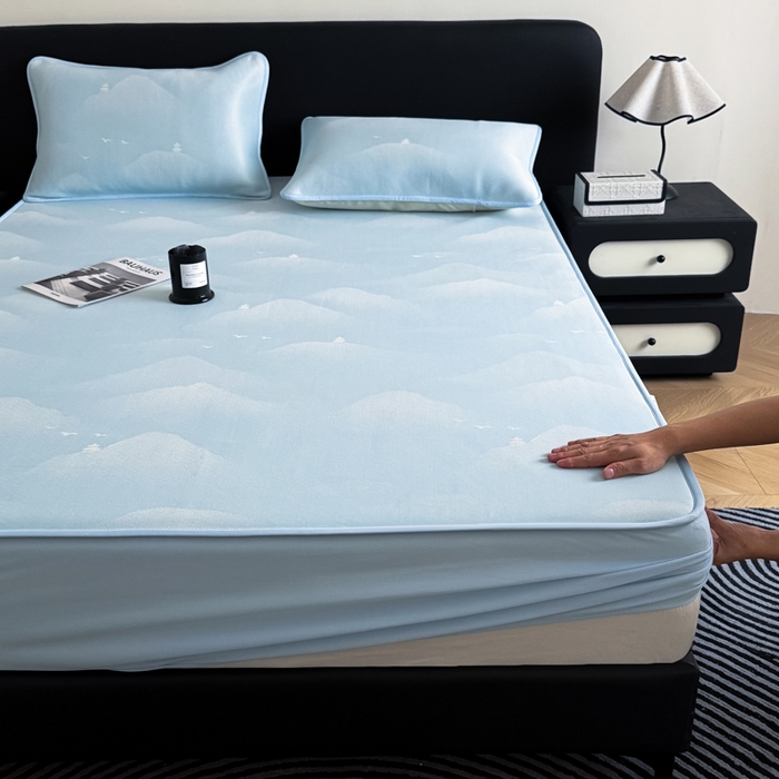 九花鹿 2025新款A类PE凉感提花床笠款冰丝凉席软凉席可机洗可水洗 亦境（浅蓝）