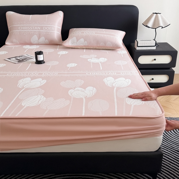 九花鹿 2025新款A类PE凉感提花床笠款冰丝凉席软凉席可机洗可水洗 郁金香（浅粉）