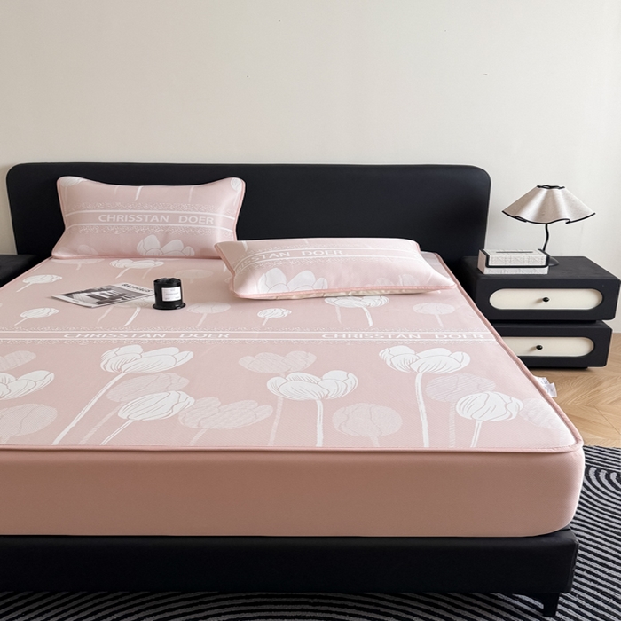 91家纺网 家纺一手货源 找家纺 九花鹿 2025新款A类PE凉感提花床笠款冰丝凉席软凉席可机洗可水洗 郁金香（浅粉）