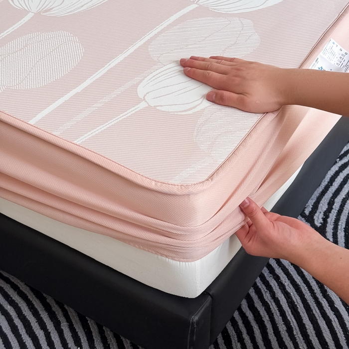 91家纺网 家纺一手货源 找家纺 九花鹿 2025新款A类PE凉感提花床笠款冰丝凉席软凉席可机洗可水洗 郁金香（浅粉）