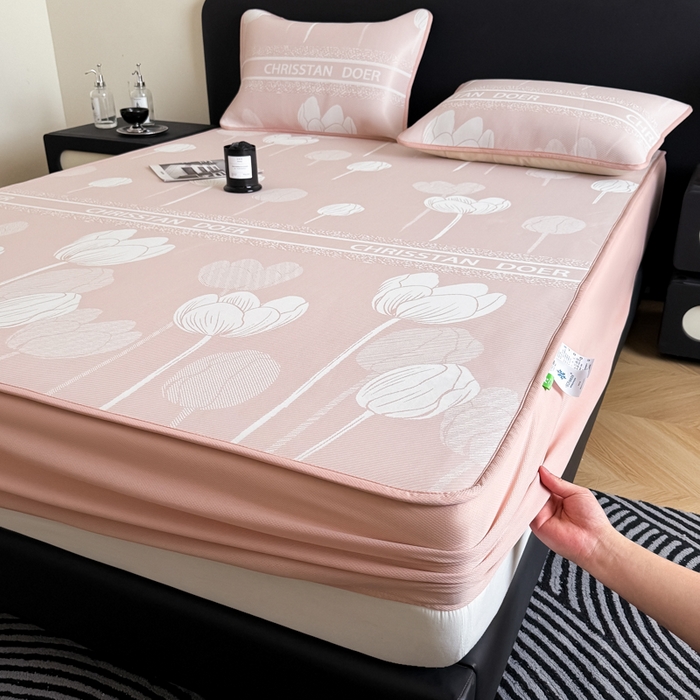 91家纺网 家纺一手货源 找家纺 九花鹿 2025新款A类PE凉感提花床笠款冰丝凉席软凉席可机洗可水洗 郁金香（浅粉）