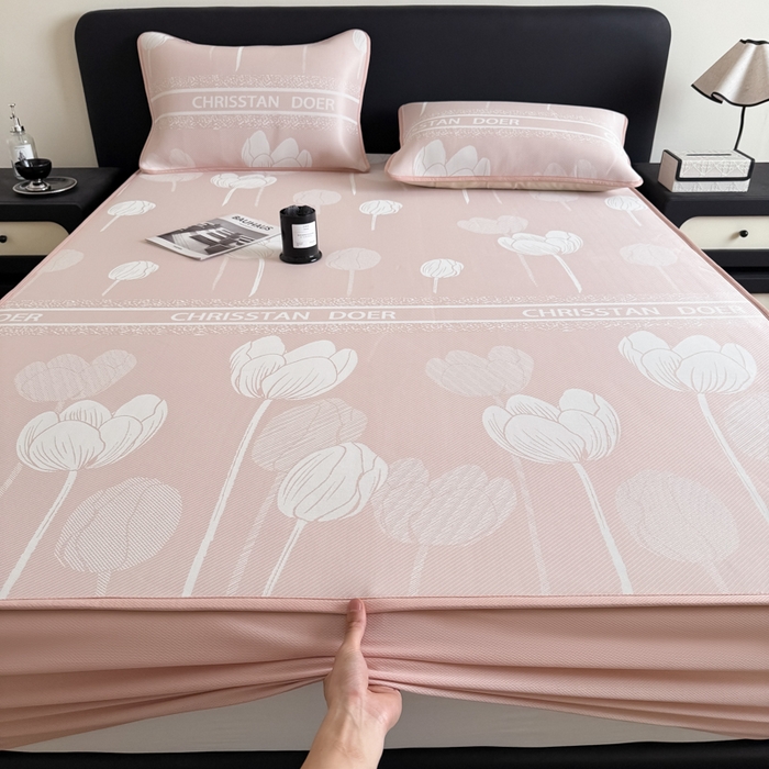 91家纺网 家纺一手货源 找家纺 九花鹿 2025新款A类PE凉感提花床笠款冰丝凉席软凉席可机洗可水洗 郁金香（浅粉）