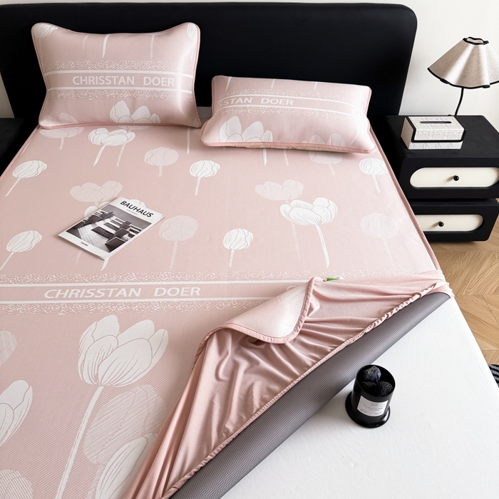 91家纺网 家纺一手货源 找家纺 九花鹿 2025新款A类PE凉感提花床笠款冰丝凉席软凉席可机洗可水洗 郁金香（浅粉）