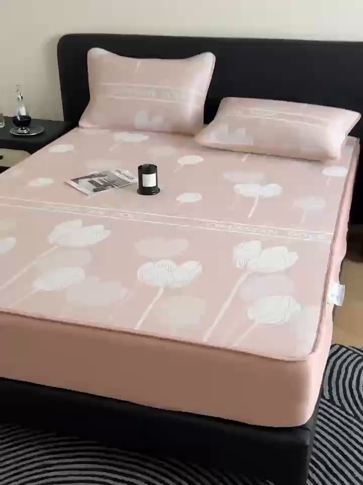 91家纺网 家纺一手货源 找家纺 九花鹿 2025新款A类PE凉感提花床笠款冰丝凉席软凉席可机洗可水洗 郁金香（浅粉）