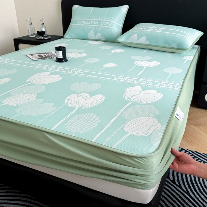 91家纺网 家纺一手货源 找家纺 九花鹿 2025新款A类PE凉感提花床笠款冰丝凉席软凉席可机洗可水洗 郁金香（浅绿）