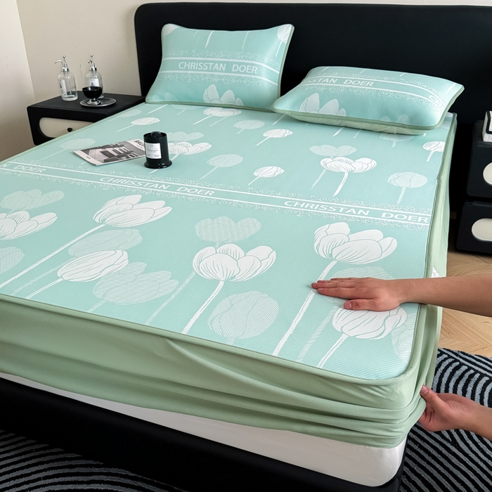 91家纺网 家纺一手货源 找家纺 九花鹿 2025新款A类PE凉感提花床笠款冰丝凉席软凉席可机洗可水洗 郁金香（浅绿）