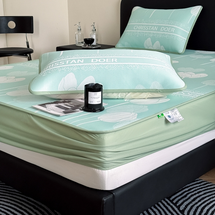 91家纺网 家纺一手货源 找家纺 九花鹿 2025新款A类PE凉感提花床笠款冰丝凉席软凉席可机洗可水洗 郁金香（浅绿）