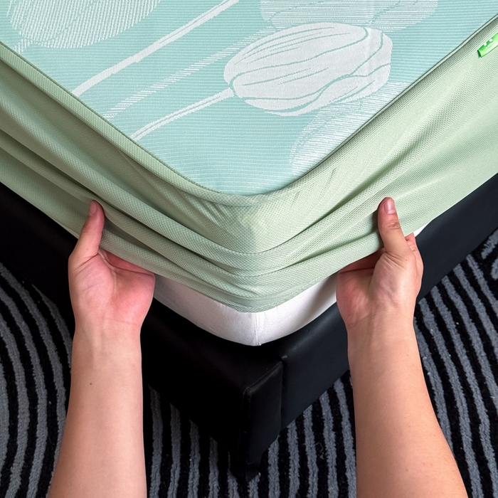 91家纺网 家纺一手货源 找家纺 九花鹿 2025新款A类PE凉感提花床笠款冰丝凉席软凉席可机洗可水洗 郁金香（浅绿）