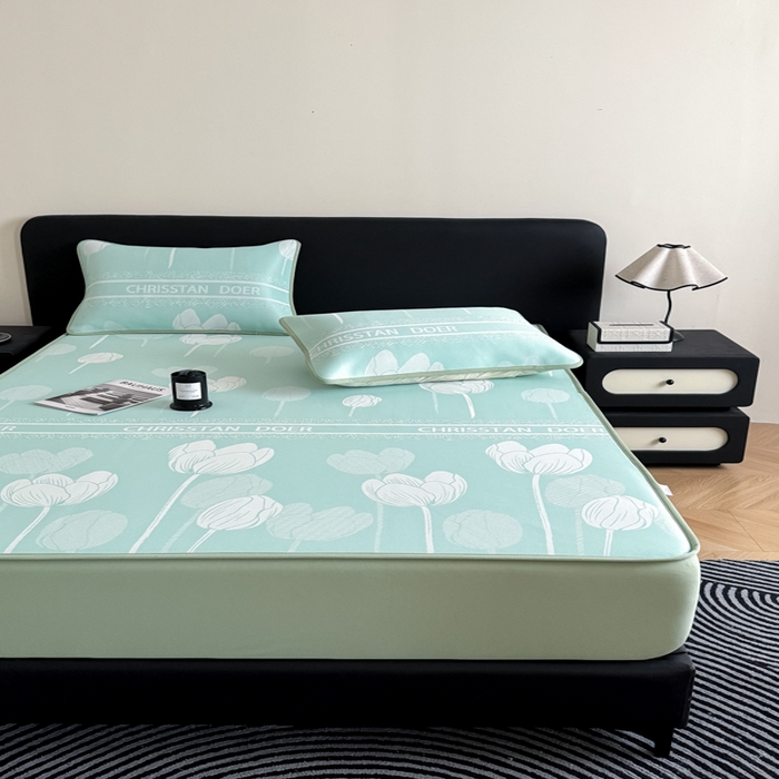 91家纺网 家纺一手货源 找家纺 九花鹿 2025新款A类PE凉感提花床笠款冰丝凉席软凉席可机洗可水洗 郁金香（浅绿）