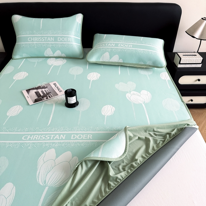 91家纺网 家纺一手货源 找家纺 九花鹿 2025新款A类PE凉感提花床笠款冰丝凉席软凉席可机洗可水洗 郁金香（浅绿）