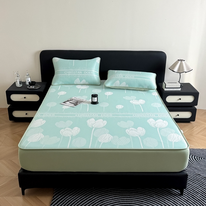 91家纺网 家纺一手货源 找家纺 九花鹿 2025新款A类PE凉感提花床笠款冰丝凉席软凉席可机洗可水洗 郁金香（浅绿）