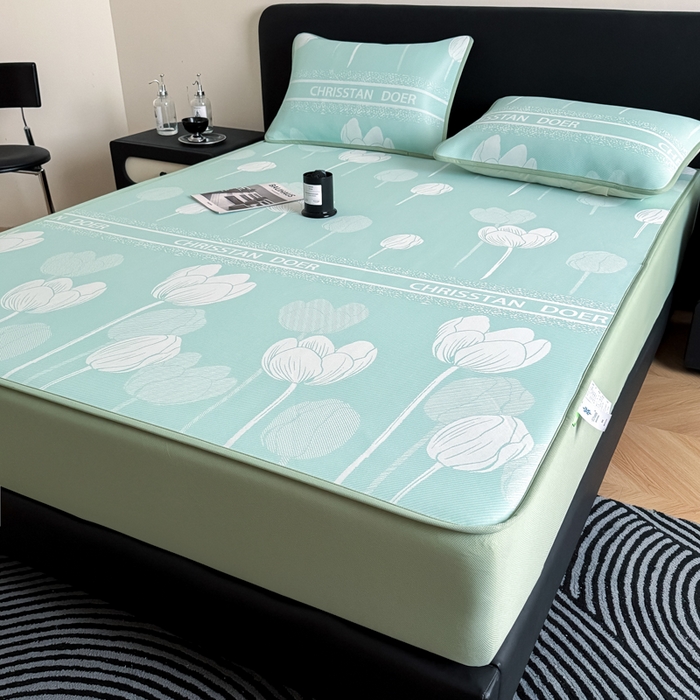 91家纺网 家纺一手货源 找家纺 九花鹿 2025新款A类PE凉感提花床笠款冰丝凉席软凉席可机洗可水洗 郁金香（浅绿）