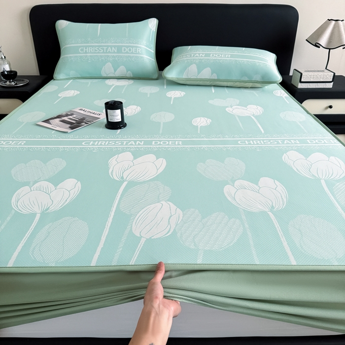 91家纺网 家纺一手货源 找家纺 九花鹿 2025新款A类PE凉感提花床笠款冰丝凉席软凉席可机洗可水洗 郁金香（浅绿）