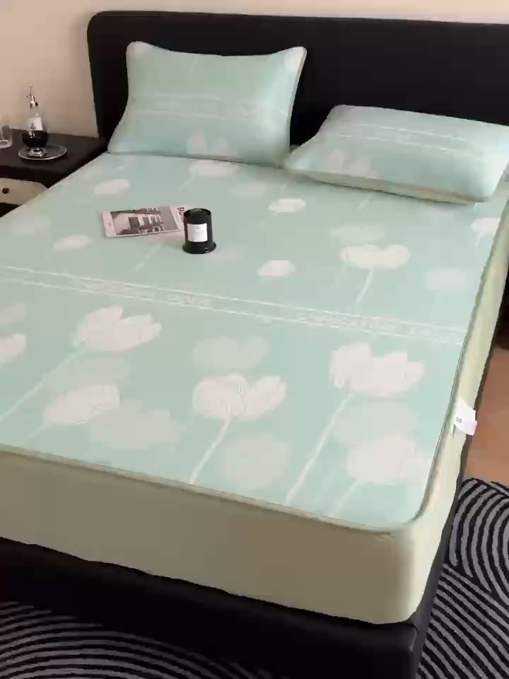 91家纺网 家纺一手货源 找家纺 九花鹿 2025新款A类PE凉感提花床笠款冰丝凉席软凉席可机洗可水洗 郁金香（浅绿）