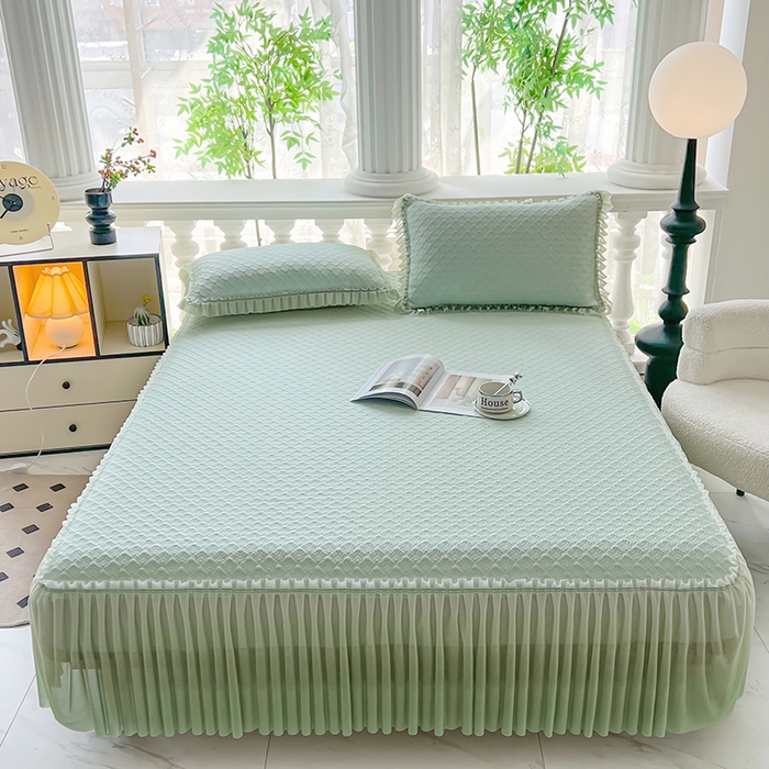 91家纺网 家纺一手货源 找家纺 乐居家纺 2025新款凉感凉豆豆凉席冰豆豆床裙系列 果绿