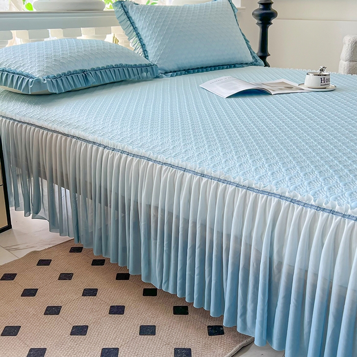 91家纺网 家纺一手货源 找家纺 乐居家纺 2025新款凉感凉豆豆凉席冰豆豆床裙系列 宾利蓝