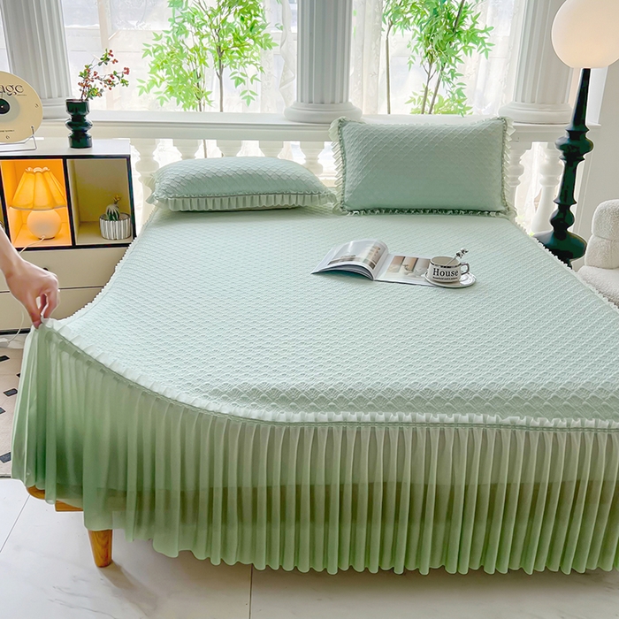 91家纺网 家纺一手货源 找家纺 乐居家纺 2025新款凉感凉豆豆凉席冰豆豆床裙系列 果绿